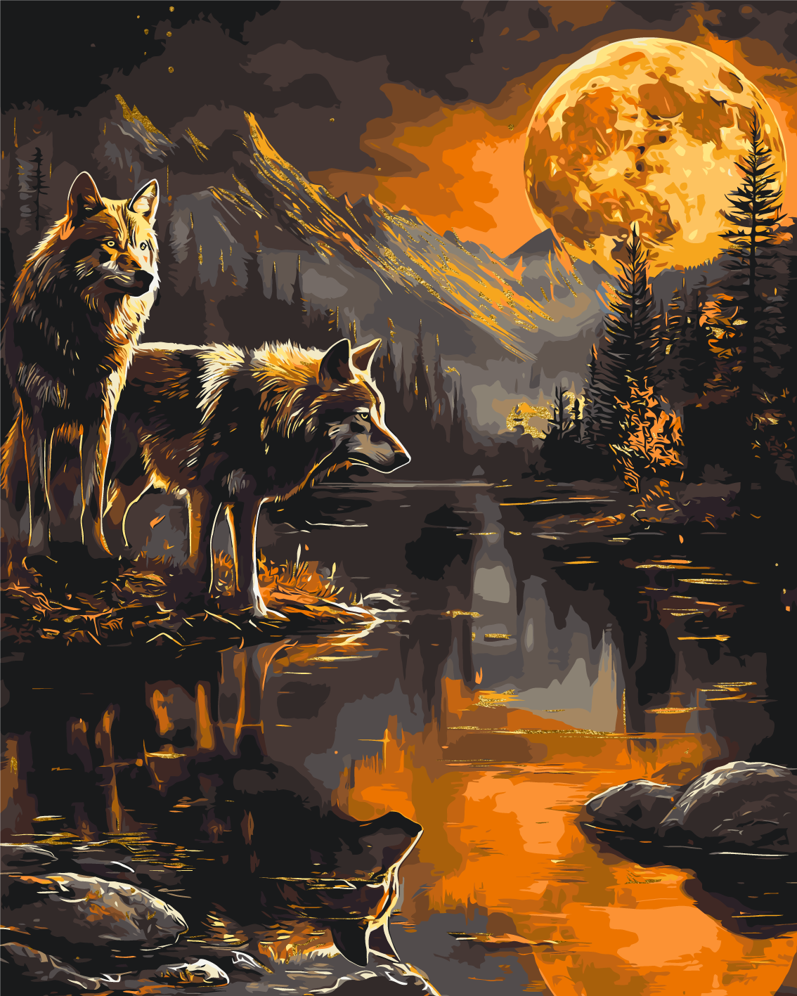 Un par de lobos en la noche con colores metálicos 40*50 cm LW 30780