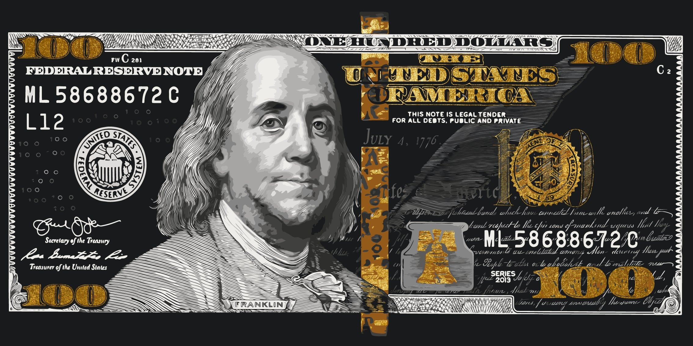 Dólar (100 dólares) con colores metálicos (oro) 40*80 cm LW 5100
