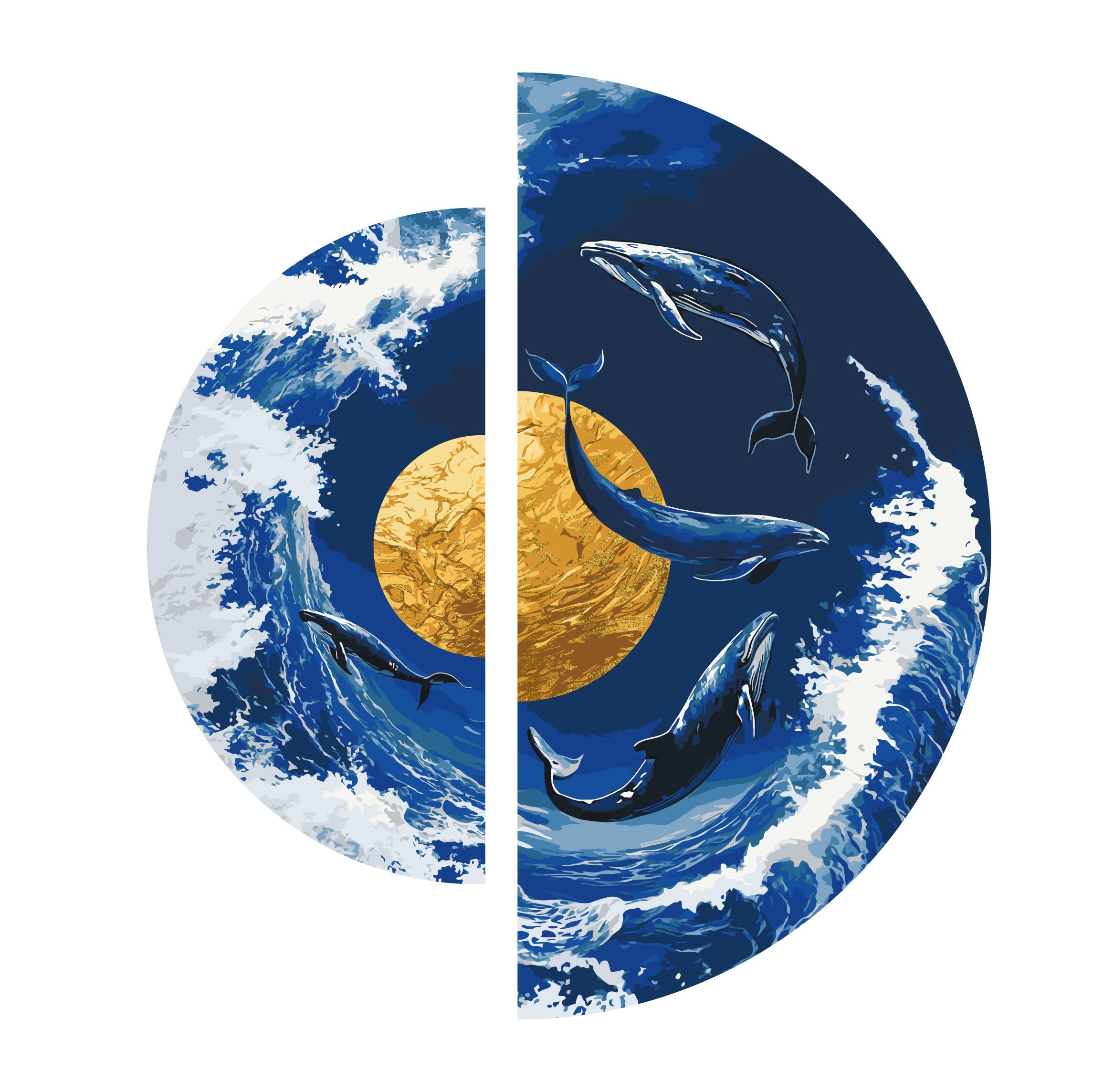Danza de ballenas en el planeta dorado con colores metálicos (semicírculos) 70*70 cm OSR 1002